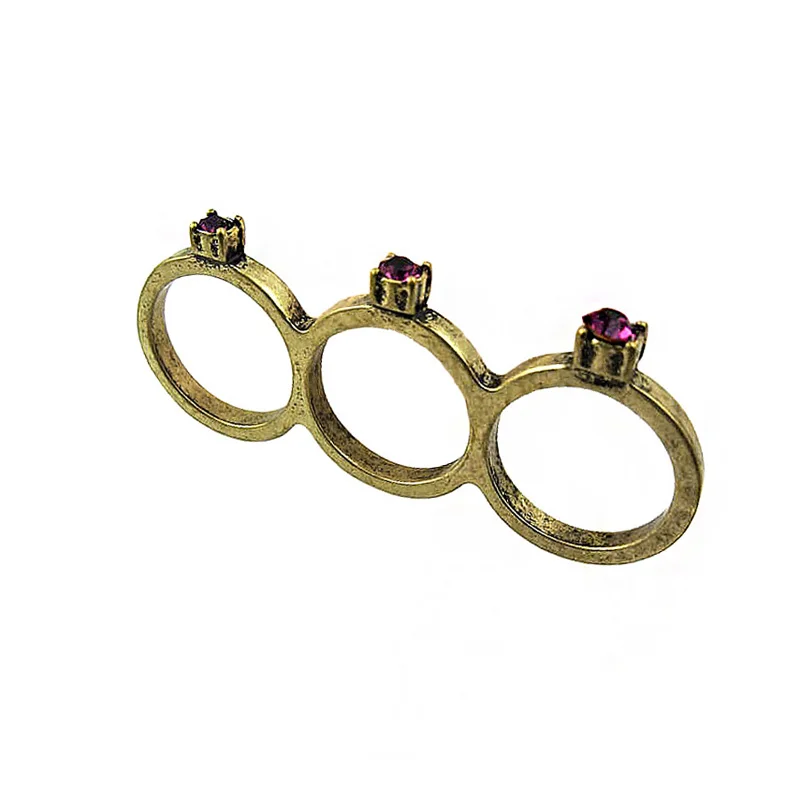 Personalized Vintage Purple Crystal Stud Triple Three Finger Forefinger Ring Size 7 Womens Punk Retro Alloy Metal Rings Jewelry