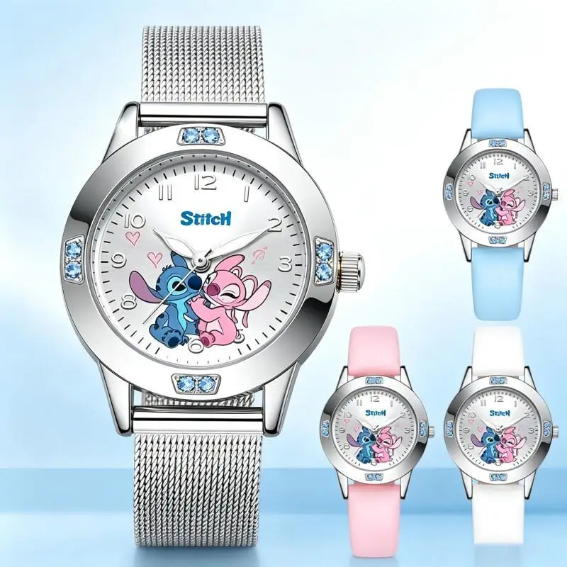 Cartoon Quartz Watch Diamond Bezel Mesh Leather Strap Watch with Couple Pattern Gift for Friends