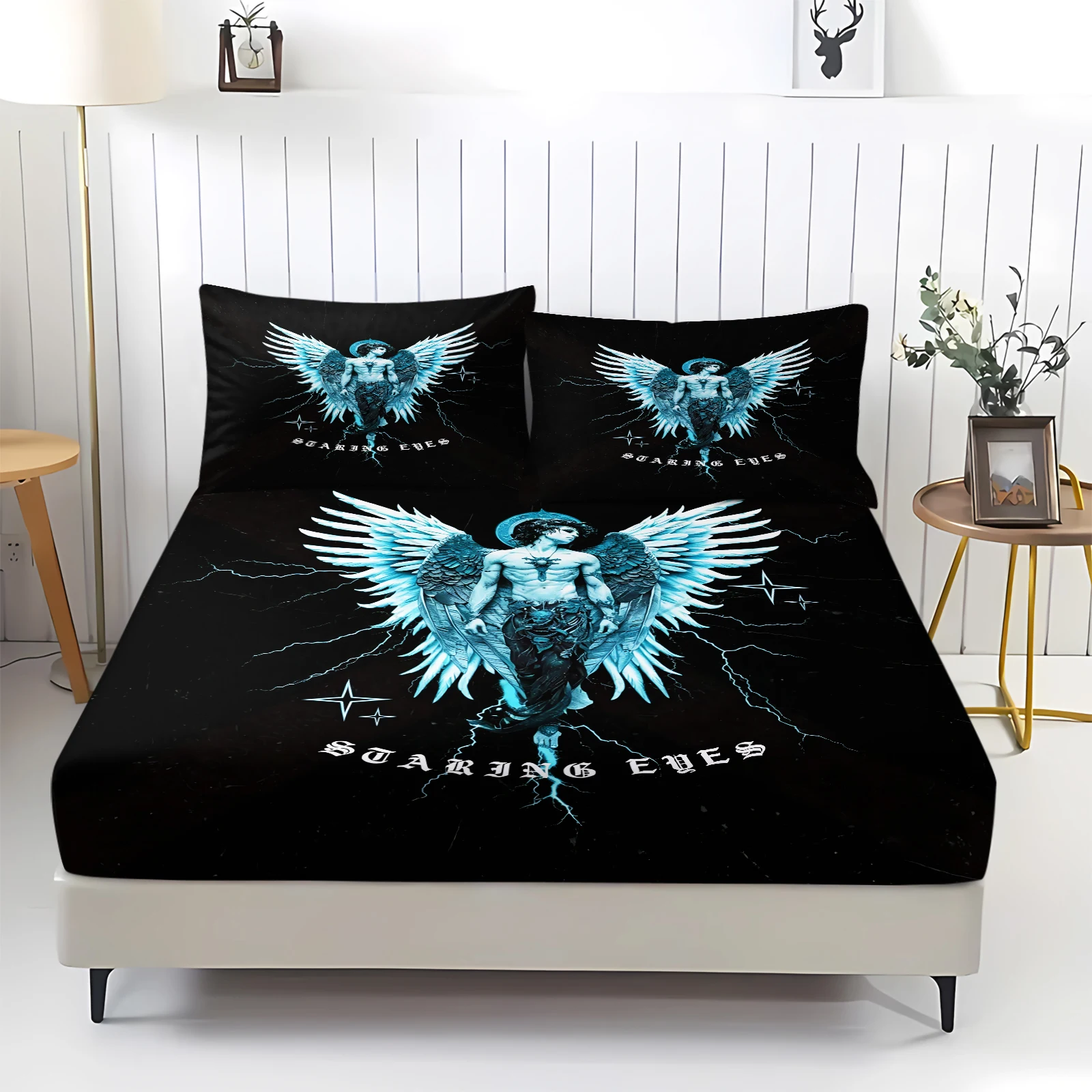 Vintage Punk Black Fallen Angel Wings Bedding Fitted Sheet 3pcs Blue Thunder Gothic Character Print Elastic Mattress Protector