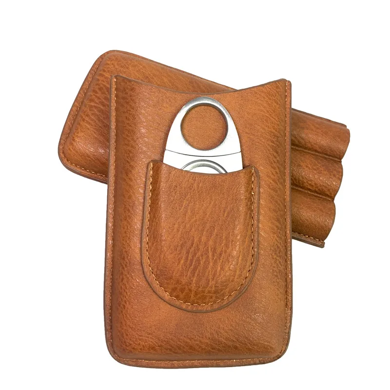 Portable Cedar Cowhide Cigar Humidifier Box With Cigar Cutter Travel Leather Cigar Case