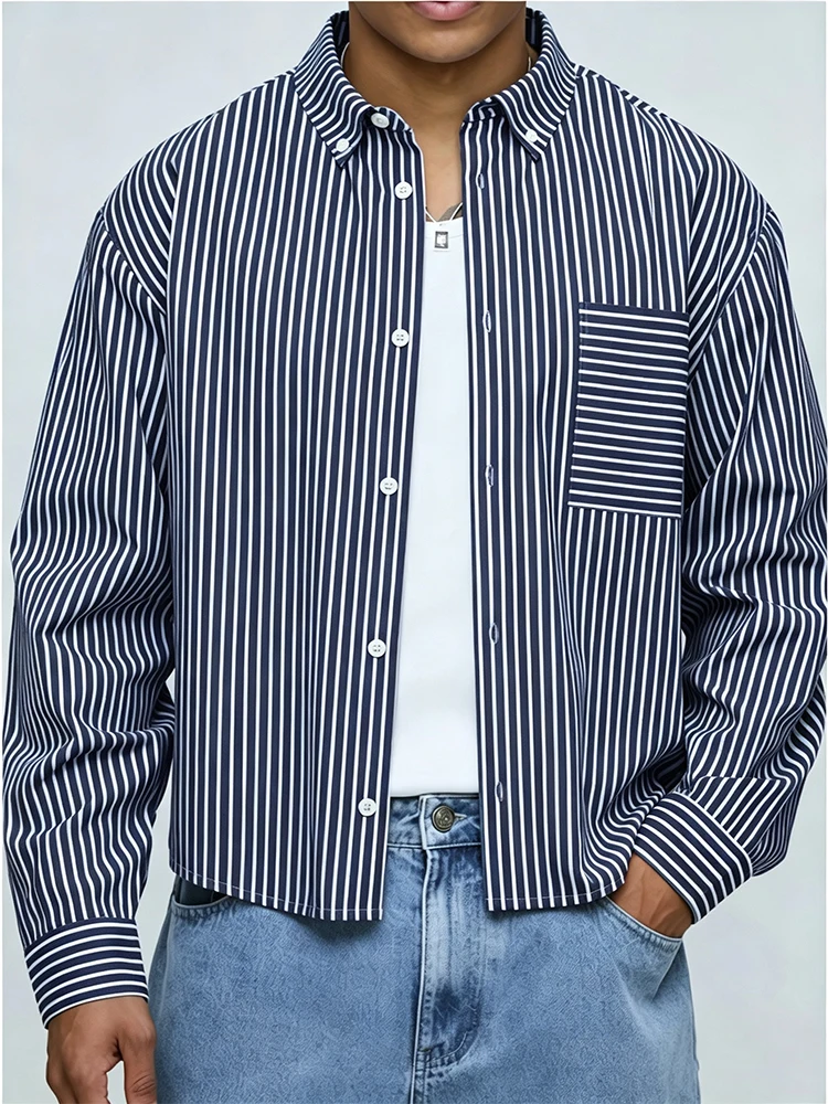 Fashionable Stripped Mens Shirt Tops Vintage Print Buttoned Lapel Cropped Shirt Men Autumn Casual Long Sleeve Shirts For Men