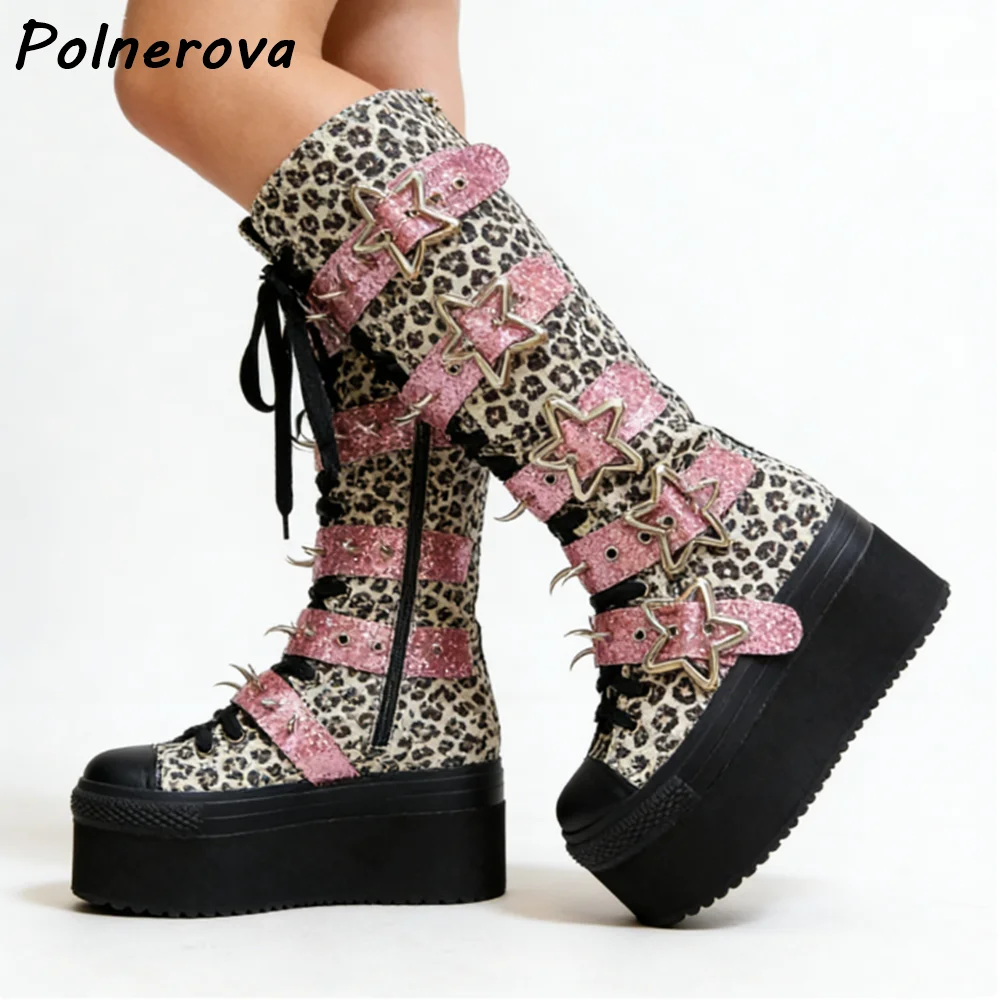 Pink Bling Leopard Boots Rivet Buckle Belts Five-Pointed Star Round Toe Platform Women's Winter Sexy Cool Punk Fashion Shoes