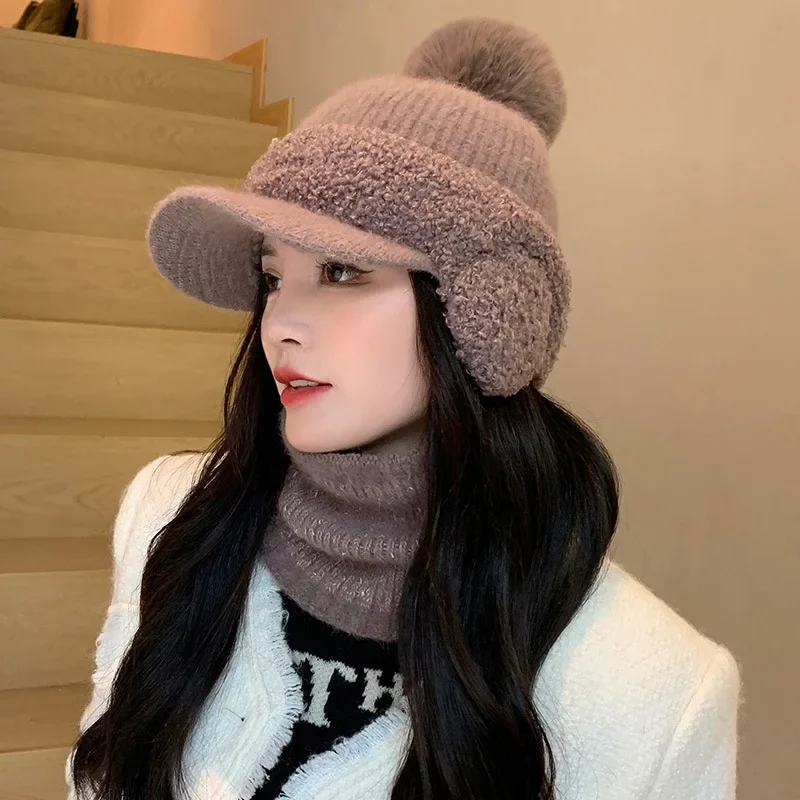 Rabbit Plush Hat Autumn and Winter Ladies Plus Velvet Warm Scarf Set Korean Winter Cold-proof Knitted Wool Cap