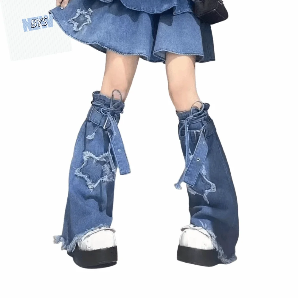 

Japanese JK Lolita Y2K Denim Leg Warmers Denim Cloth Drawstring Cross Trumpet Leg Covers Stars Pile Up Socks Long Stockings