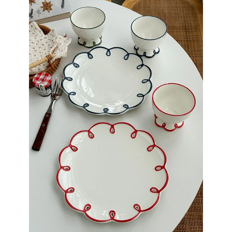 

French hollow lace hand-painted ceramic goblet plate