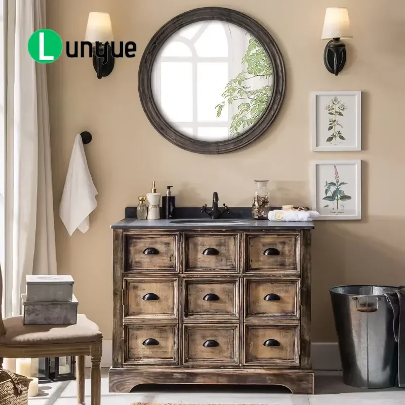Retro Nostalgic Removable Bathroom Vanity Wooden Ceramic Sink Cabinet with Mirror Durable Storage Furniture for Home Decor