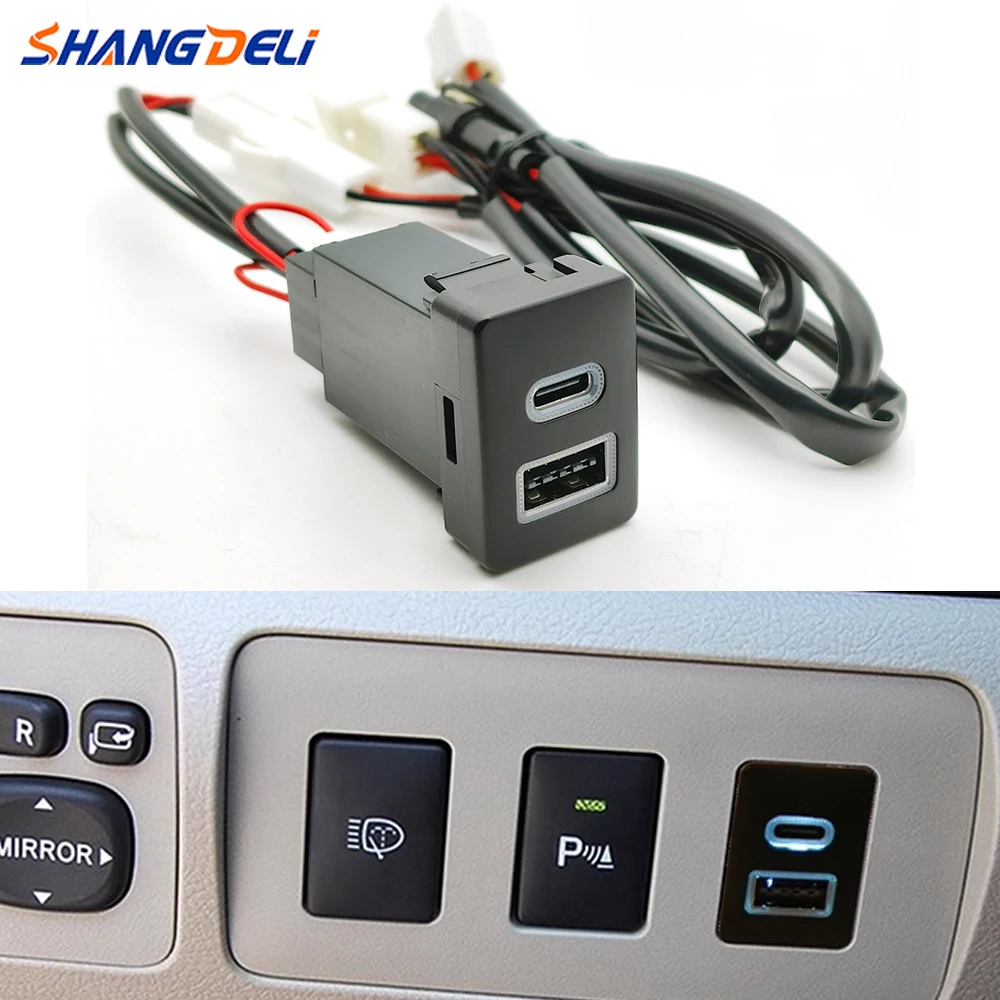 

33*22mm Blue LED Light Car Charger Adapter Dual USB TYPE-C PD Phone Charger Adapter Phone For Toyota LC120 Prado