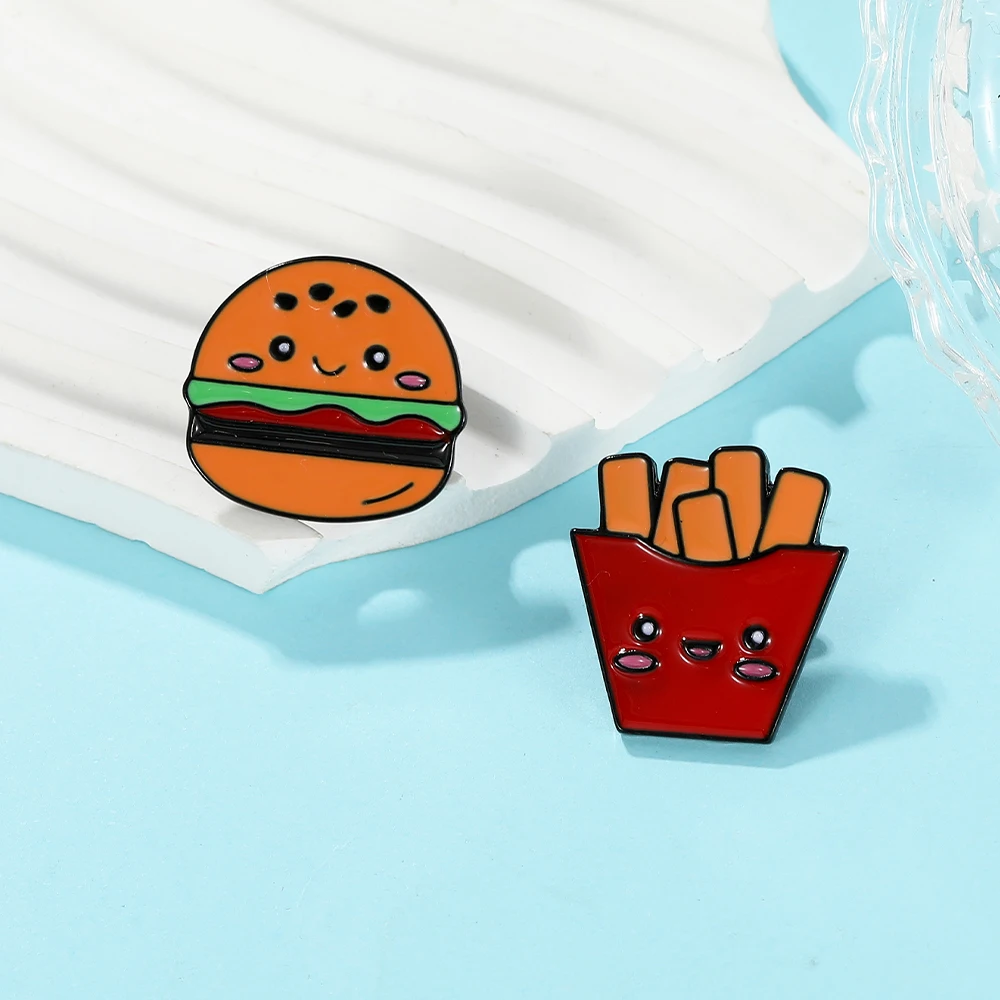 Cartoon Burger Fries Figure Enamel Pins Hamburgers and Chips Shaped Brooches Food Lovers Badge