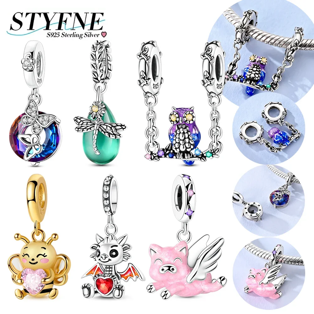 

925 Silver Animal Series Charms Dragonfly Butterfly Dragon Flying Pig Owl Beads Pendant Fit Diy Bracelet Jewelry Gifts Making