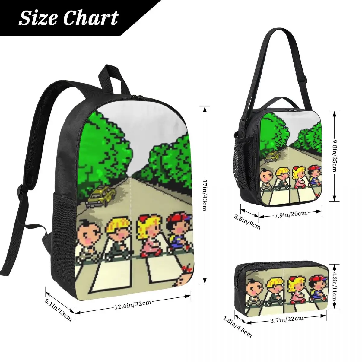 3Pcs Earthbound Mega Sprite Sheet Backpack Set for Children Pencil Boxes Bookbag Sets with Lunch Box For School Knapsack
