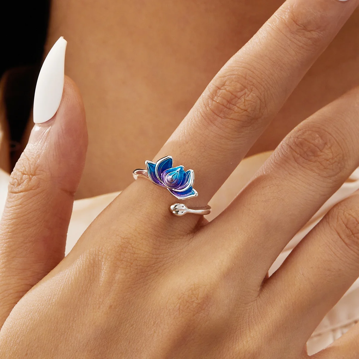 Retro Chinese Lucky Design Opening Rings For Women Silver Color Good Luck Lotus Flower Koi Fish Finger Ring Friendship Jewelry