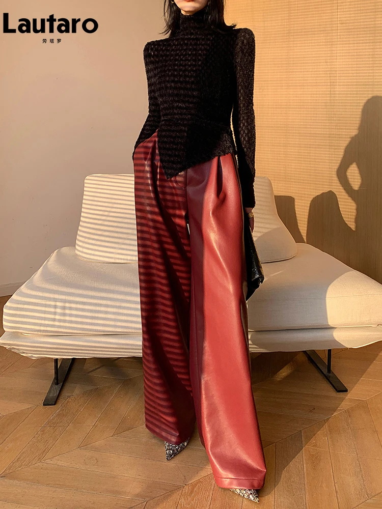 Lautaro Spring Autumn Loose Casual Soft Black Burgundy Pu Leather Wide Leg Pants for Women High Waist Korean Style Fashion 2023