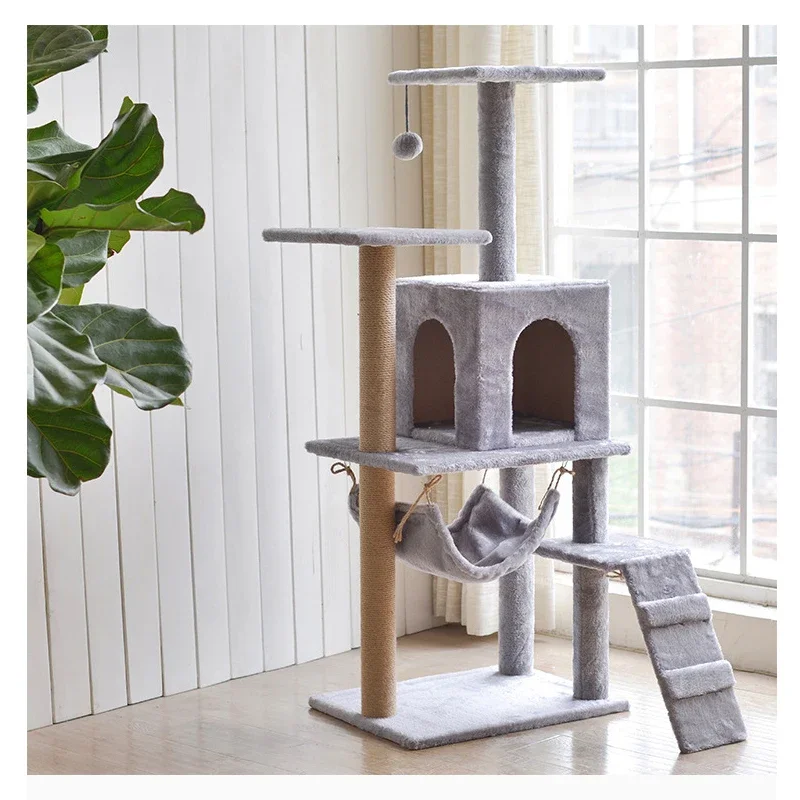 Manufacturer wholesale sisal short plush stable cat tree with hammock ladder