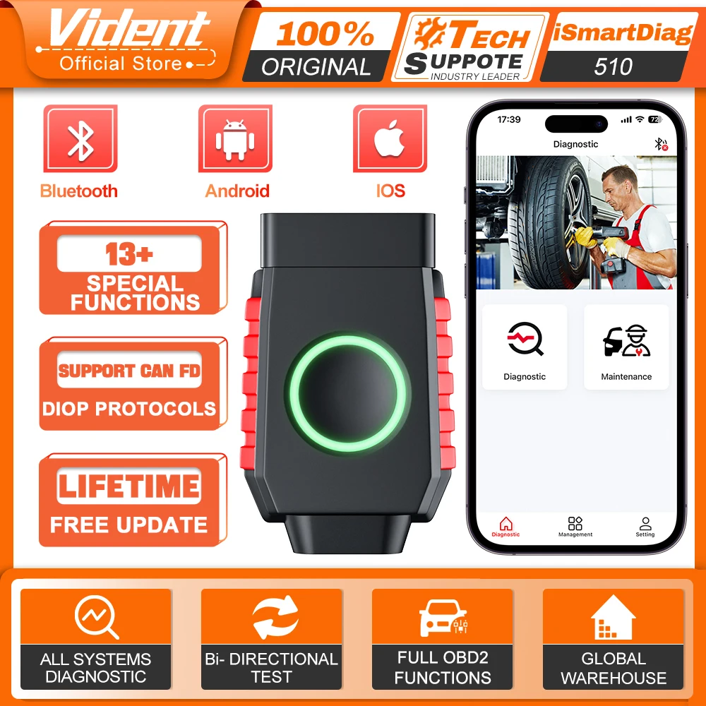 Диагностический сканер VIDENT ISmartDiag510 OBD2 с двунаправленным сканированием, 13 функциями сброса, CAN FD для GM, диагностика всех систем, бесплатное обновление.