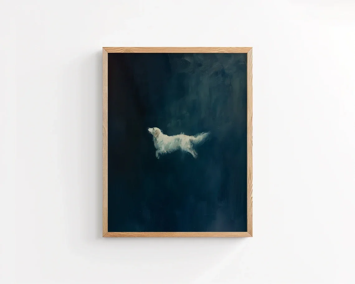Vintage Dark Blue Golden Retriever Print Abstract Dog Wall Art Poster Canvas Painting Minimalist Wall Decor Moody Wall Art Il