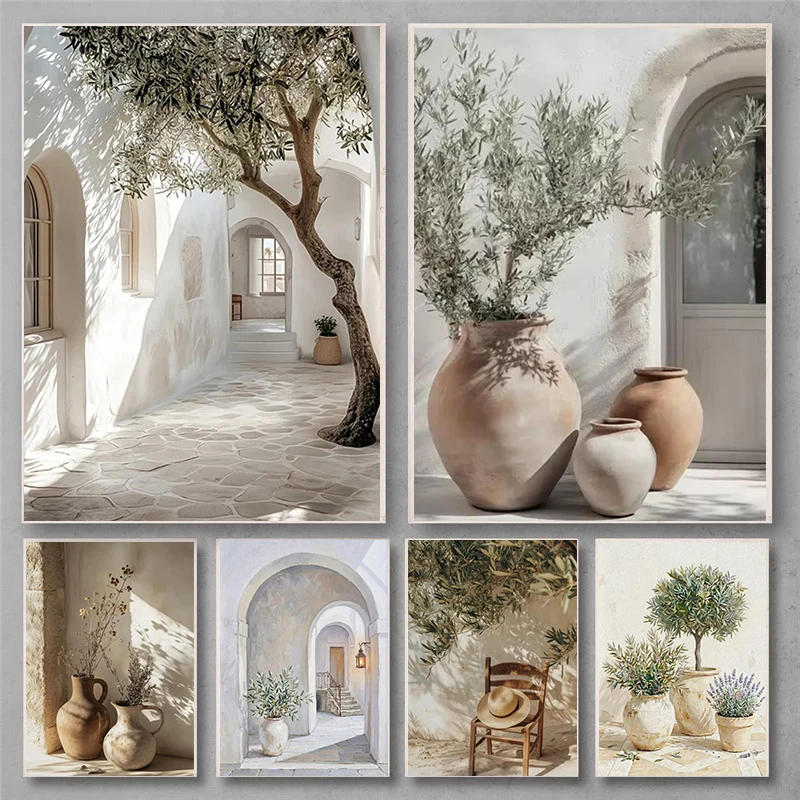 Vintage Olive Tree Stone Arches Courtyard Landscape Poster Tree Shadow Prints Canvas Painting Wall Art Picture Home Room Decor