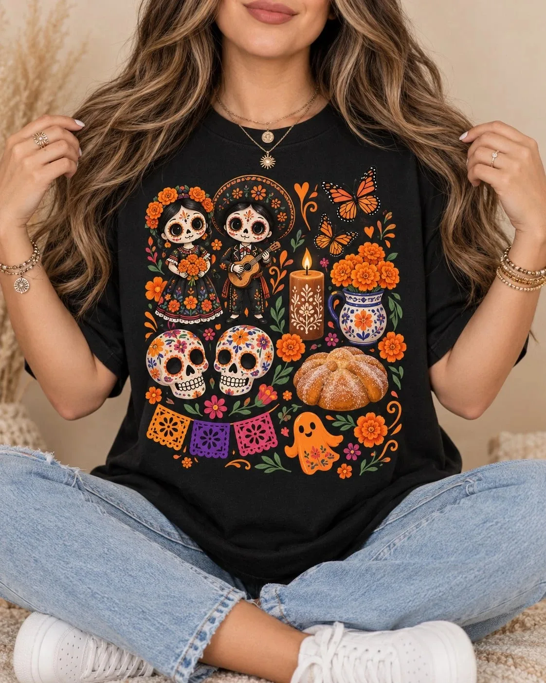 Day of The Dead Cute Sugar Skull Couple T Shirt Women Mexican Graphic O-Neck Cotton Tee Casual Loose Short Sleeve Streetwear