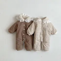 Autumn Winter Boy Infant Cardigan Plus Fleece Thicken Floral Print Lapel Romper Girl Baby Fashion Long Sleeve Cotton Jumpsuit