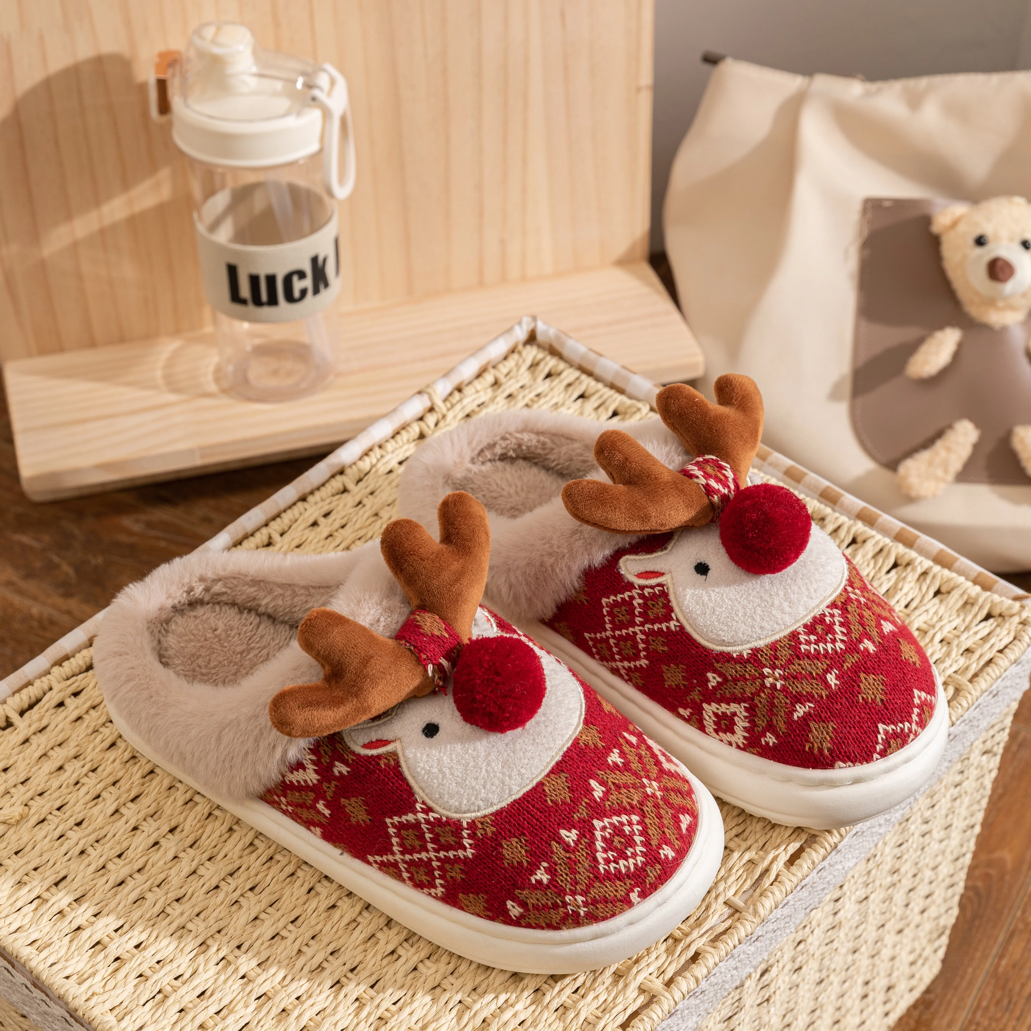 2025 New Cute Christmas Reindeer Cotton Slippers for Women Winter Ins Home Anti-slip Fluffy Woolen Slippers with a - Image 4