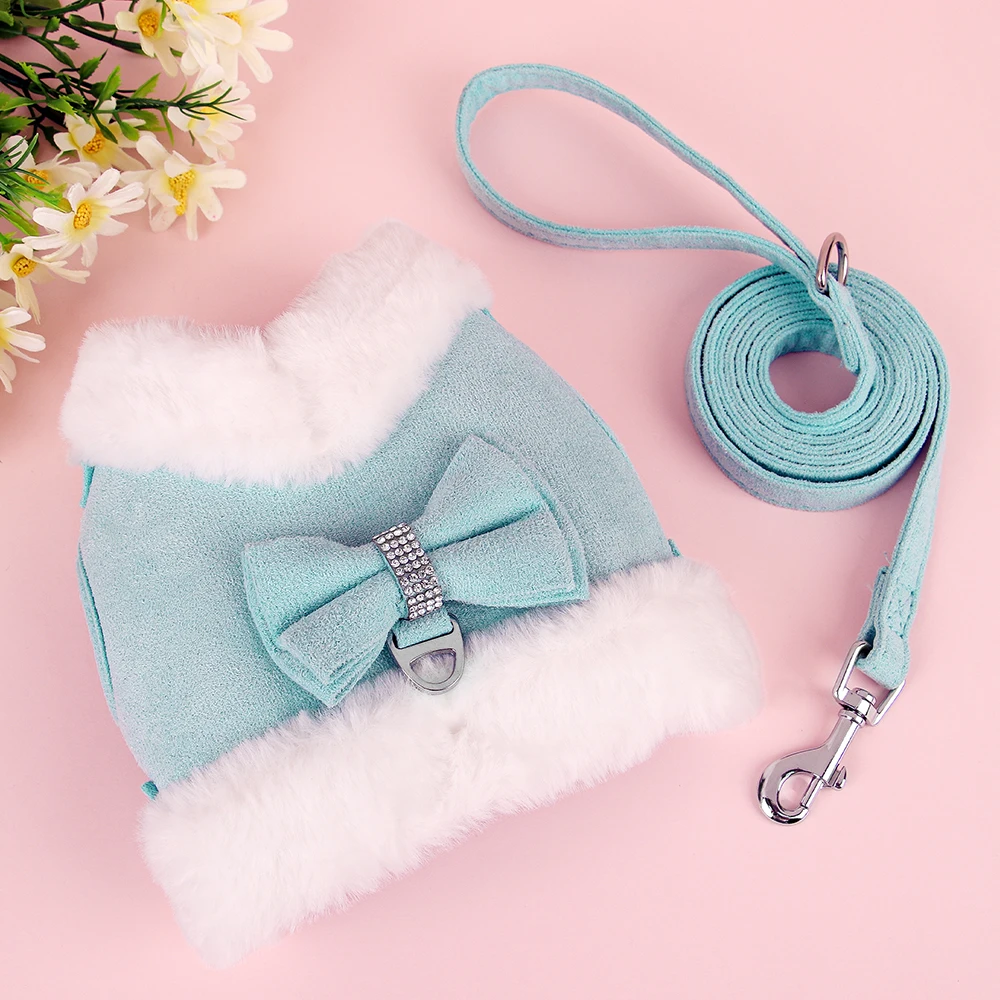 Warmes Fell Welpen Hunde geschirr Leine niedlichen Bowknot Hunde Katzen geschirre gepolsterte Haustier Weste mit passendem Führ strick für Hunde Katzen Winter – Detail 20