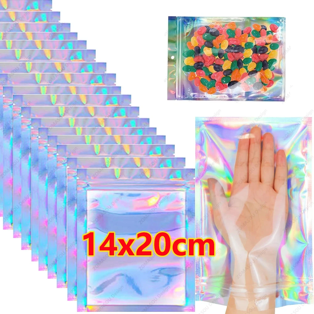 10-300PCS Laser Versiegelung Taschen Kunststoff Holographische Süßigkeiten Lebensmittel Beutel Wiederverschließbare Halskette Schmuck Geschenk Verpackung Küche Lagerung Tasche