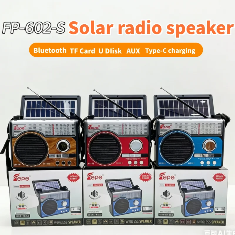 

FP-602-S Портативное радио с солнечной зарядкой, AM/FM/SW1-6 диапазонами, HIFI стерео, Bluetooth-колонка, MP3-плеер, поддержка TF-карт, USB, AUX