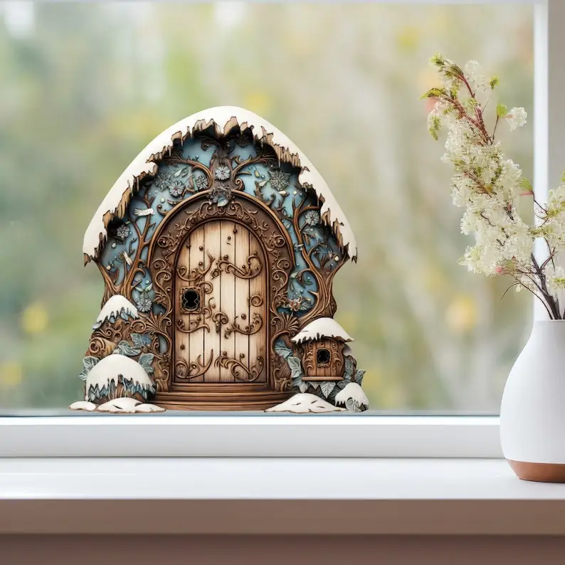 Christmas Village House Wall Sticker - Blue Enchanted Forest Winter Wonderland House Decor Door