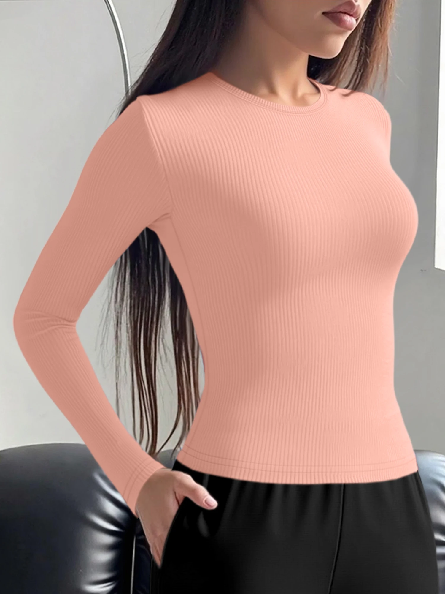 Täglich tragbares Damen-Rippenstrick-Oberteil mit Rundhalsausschnitt und langen Ärmeln, einfarbig, schmal geschnitten, weich, dehnbar, passendes T-Shirt – Detail 6