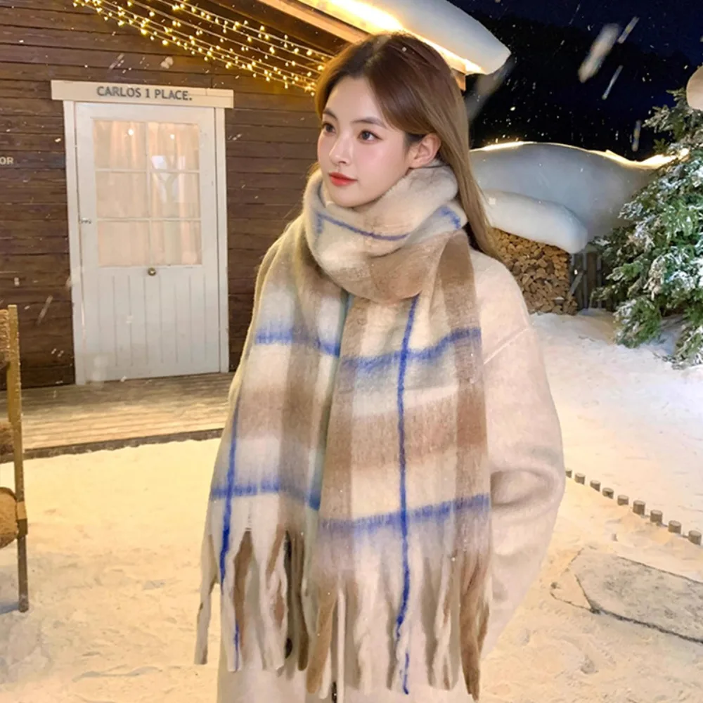

Casual Checkered Wool Tassel Scarf Coldproof Korean Style Winter Cashmere Scarves Elegant Warm Women Shawl Autumn