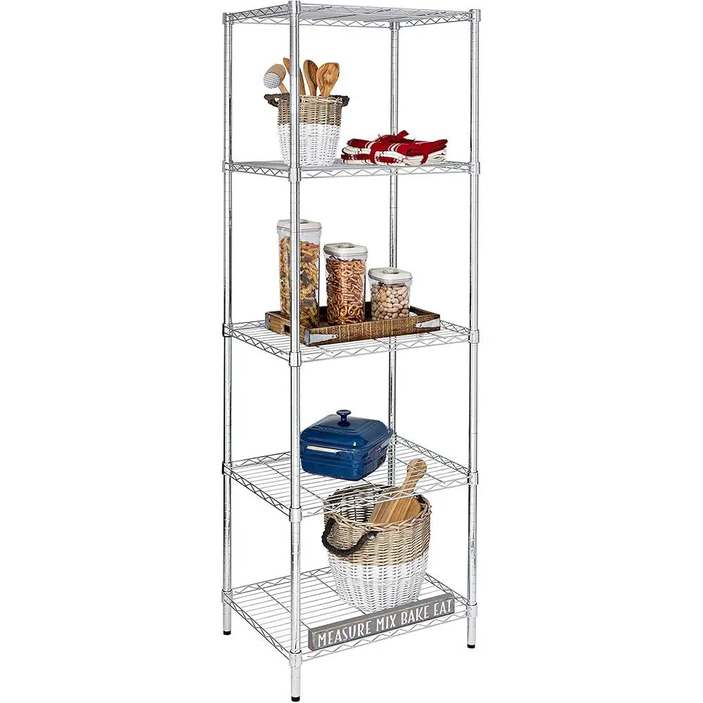 5-Tier Chrome Storage Shelves 250 lbs Capacity Adjustable Height Commercial Grade No Tool Assembly Kitchen Garage