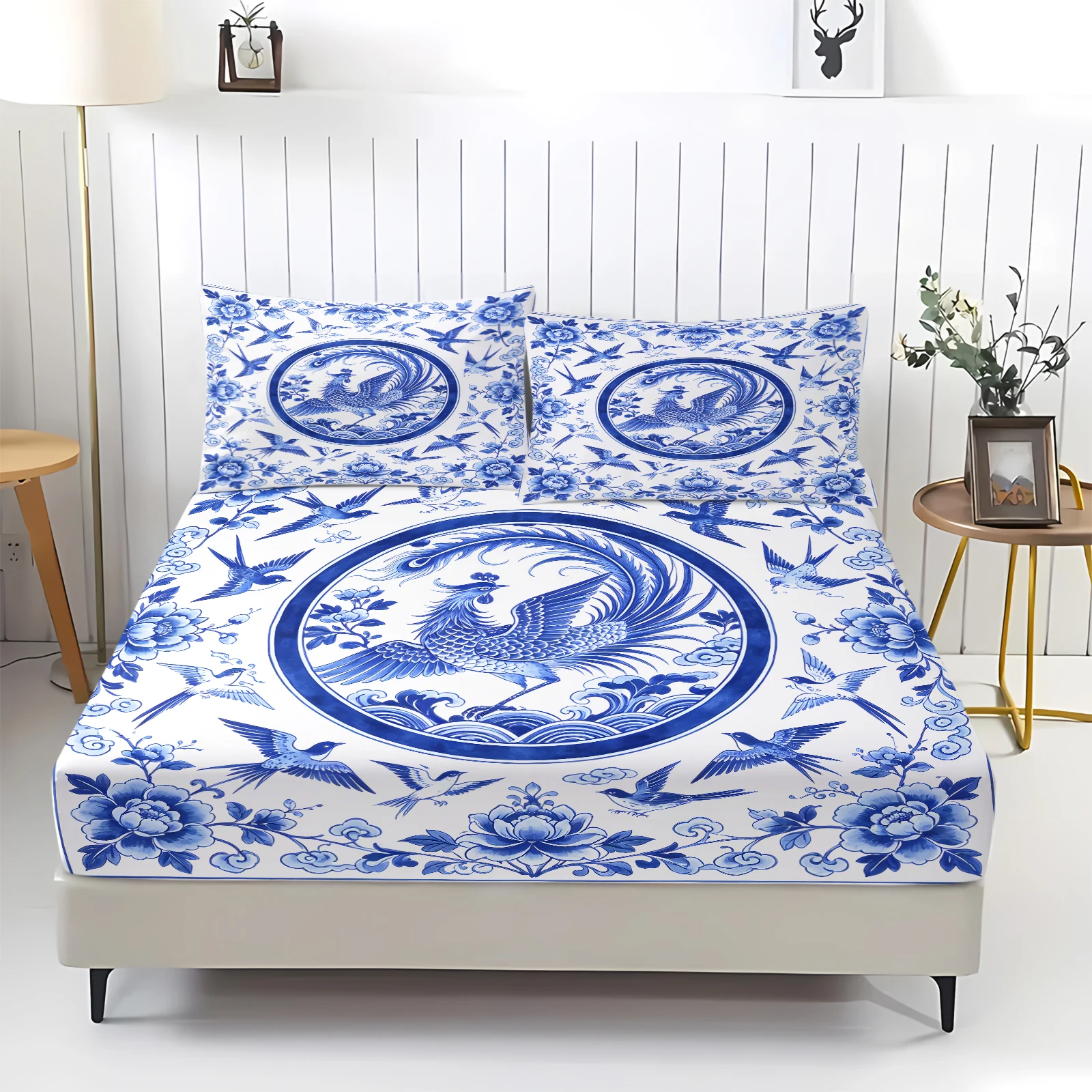 Oriental Blue‑White Phoenix Fitted Sheet Set Round Medallion Porcelain Peony Bird Print Elastic Deep Pocket Mattress Cover Gift