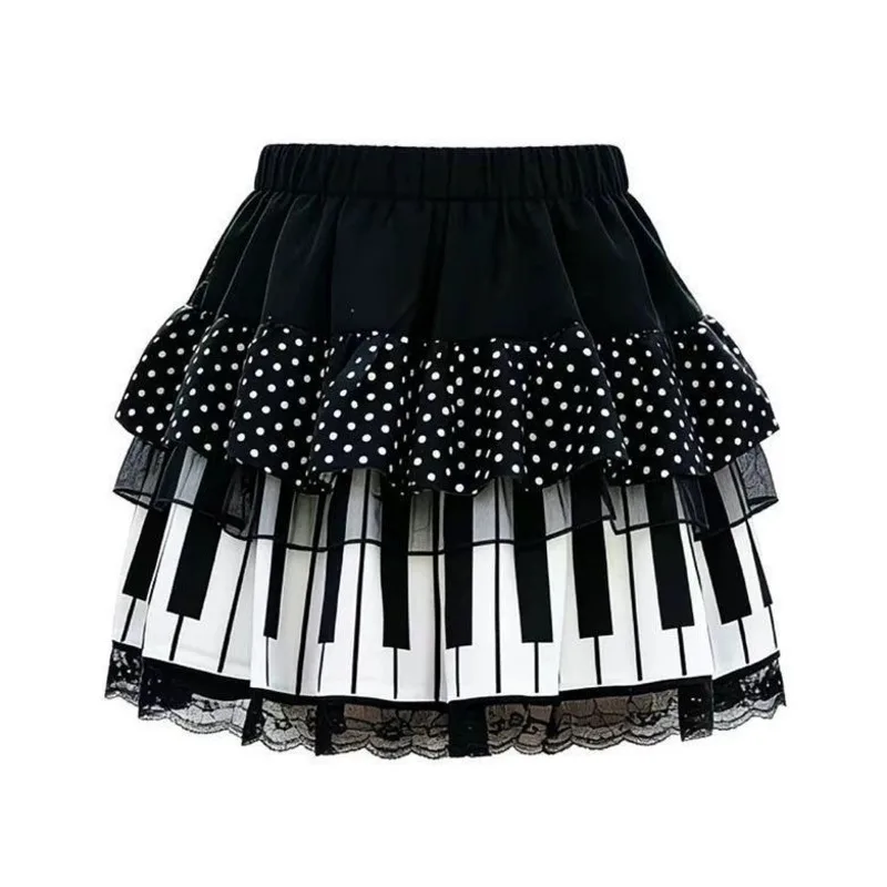 Y2K Sweet Cool High Waist Tiered Mini Skirt Polka Dot Piano Print Lace Trim For Women Spring Summer Music Festival Party Dress