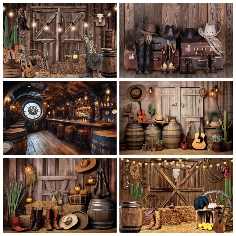 Western Cowboy Wooden House Barn Background Photography Rustic West Saloon Farm Haystack Wheel Kid Adult Birthday Party Backdrop