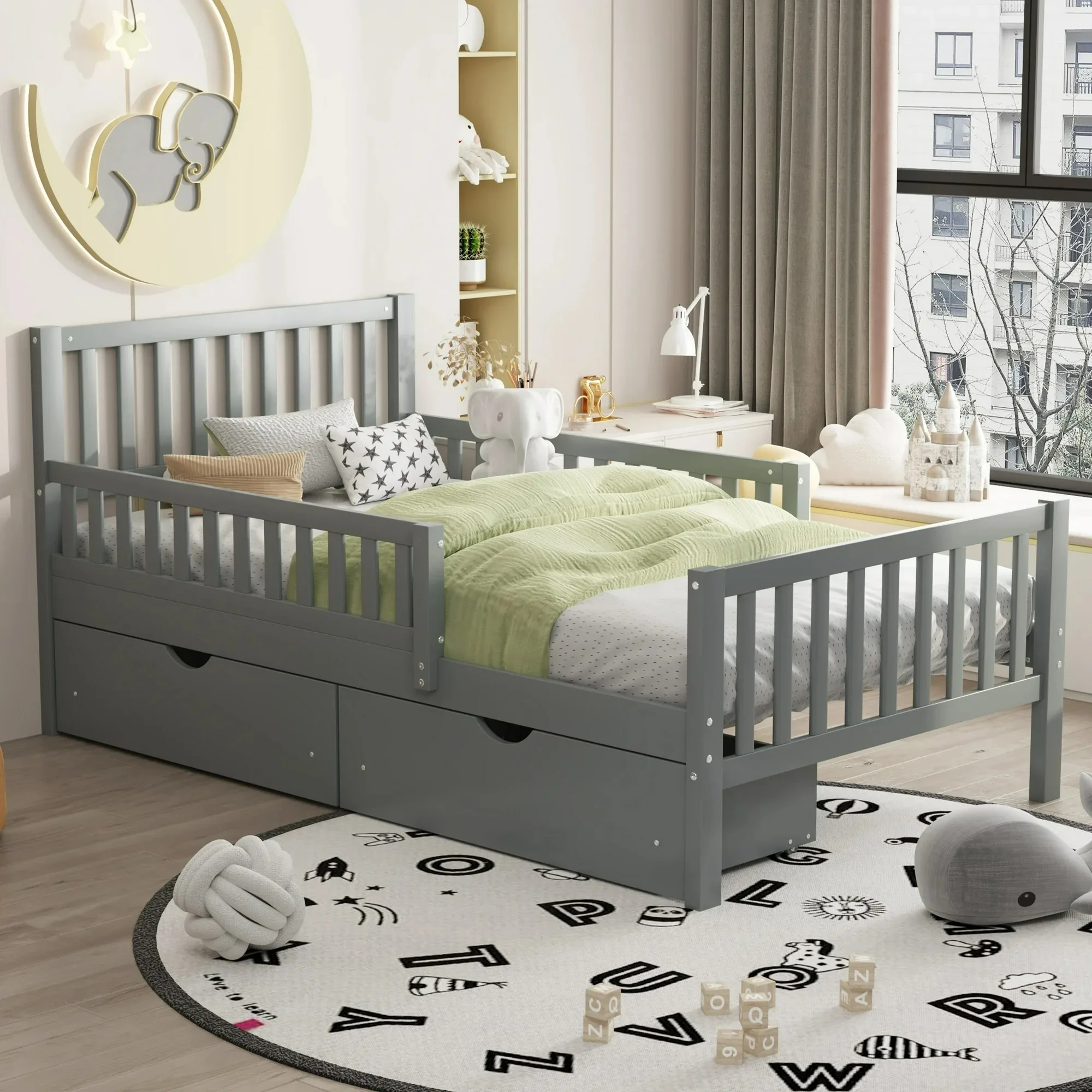 Twin Size Kids Bed with Rails, Wooden Low Beds Frame with Slats Support, Modern Twin Daybed with Detachable Side Rails