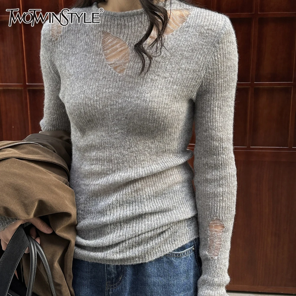 TWOTWINSTYLE Solid Spliced Hollow Out T Shirt Female O Neck Long Sleeve Slimming Korean Design Women's T Shirts Autumn Fashion