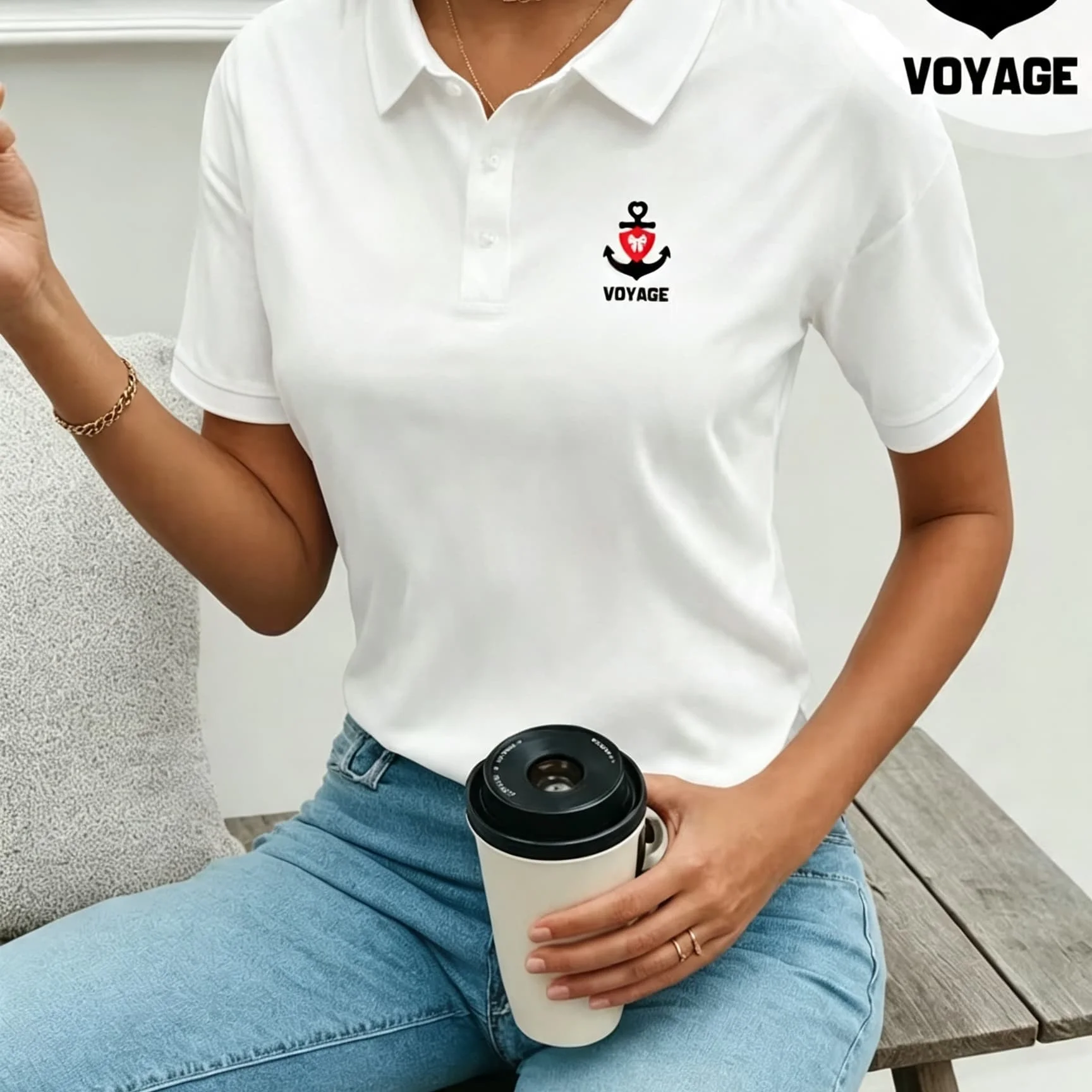 Unisex Black Lapel Collar Polo Shirt Nautical Anchor Heart Voyage Letter Chest Graphic Short Sleeve Soft Breathable Casual Sailing Top for Men and Women