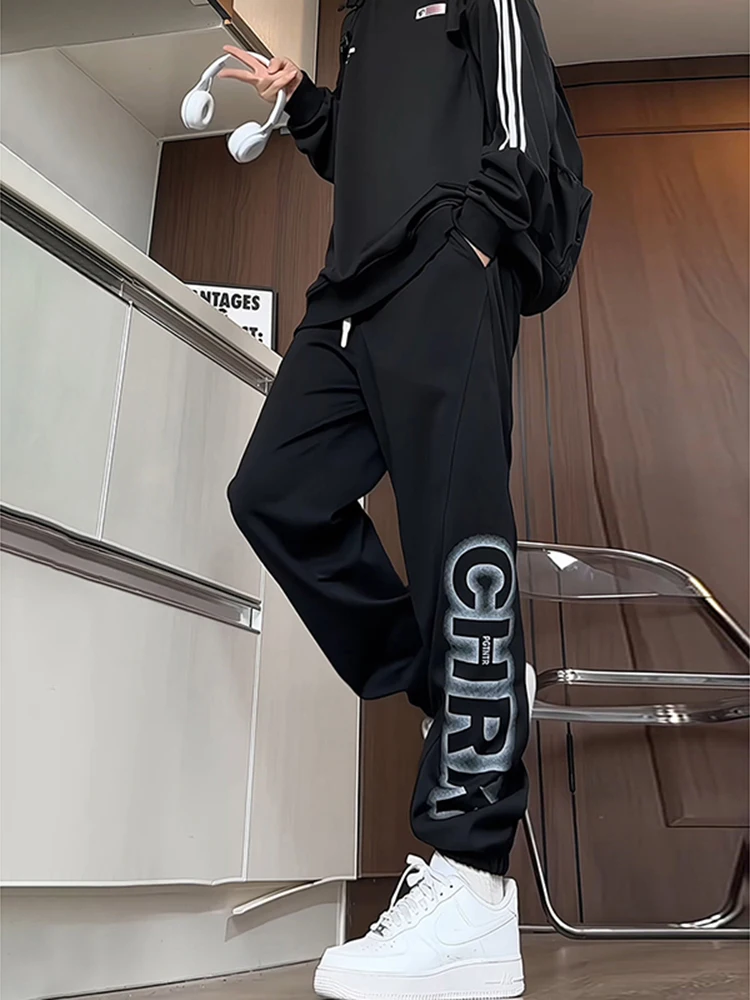 

Cool American Hiphop Bla Loose Casual Sports Pants for Teenage Boys Straight Leg Drapey Sli Trousers with Elastic Waist