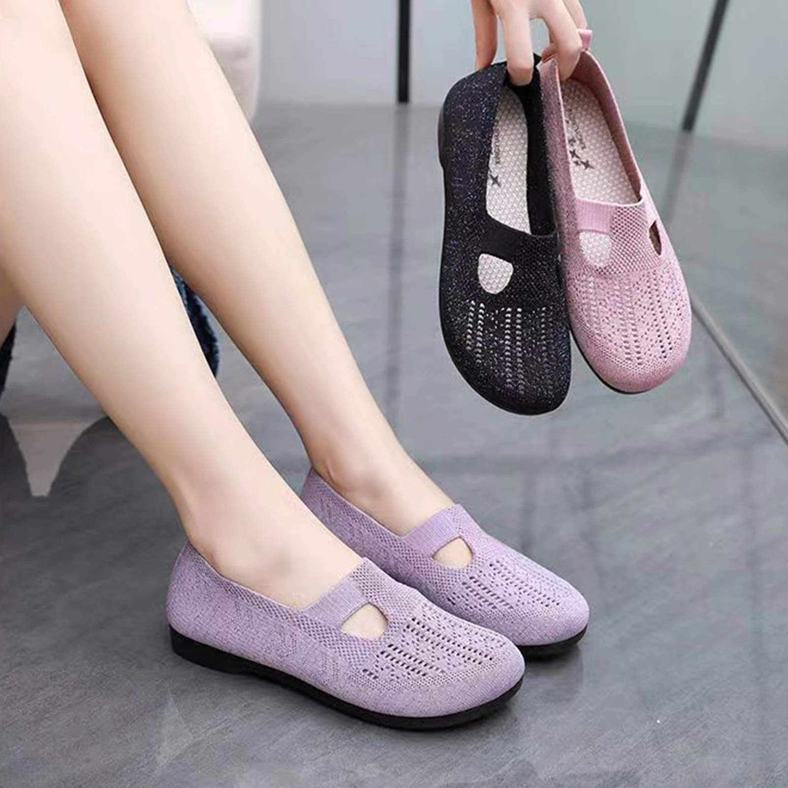 Sapatos de tecelagem slip-on para mulheres, fundo chato, confortáveis, ao ar livre, compras, viagens