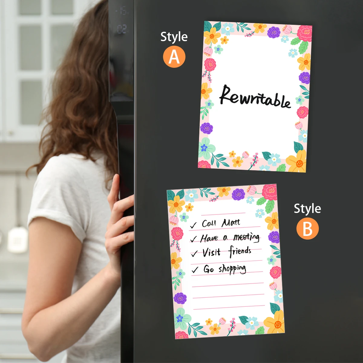2PCS Floral Design Pattern, Re-writable Magnetic Whiteboard Refrigerator Stickers Self-adhesive for Kitchen/Fridge Memo Stickers
