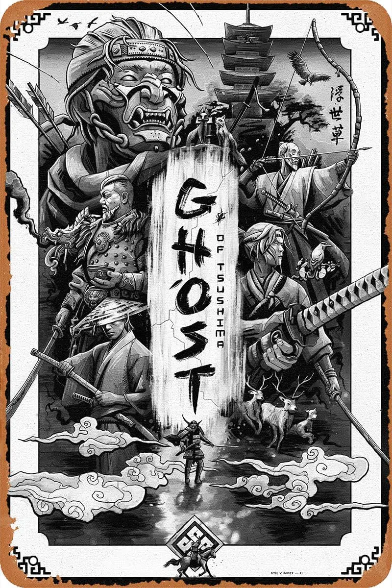 Ghost of Tsushima Game Poster Retro Tin Sign for Bar Man Cave Garage Bedroom Home Wall Art Decor Vintage Look Metal Sign 12 X