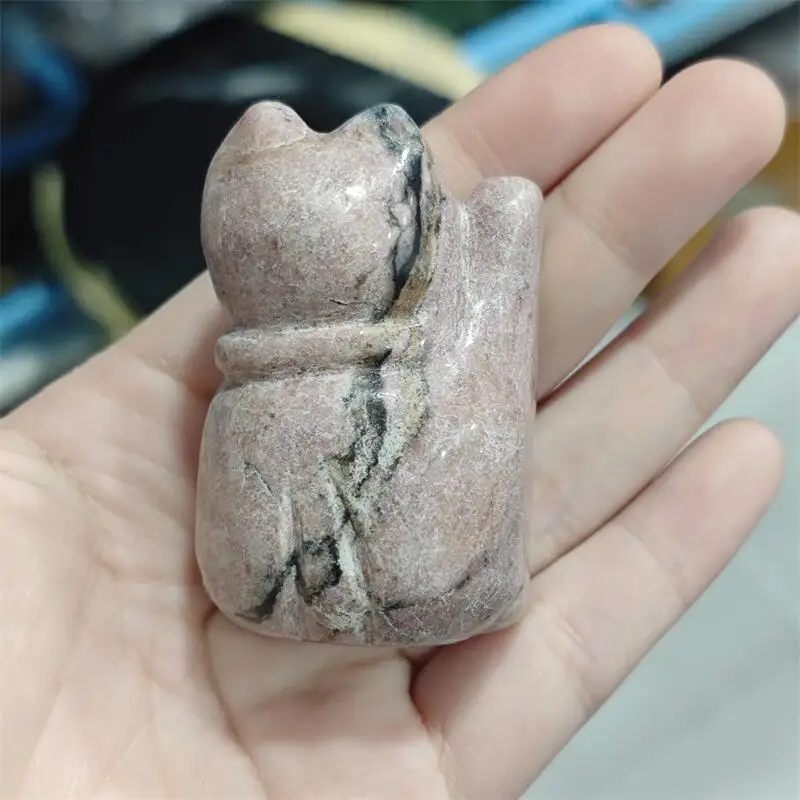 Natural Rhodonite Maneki-neko Cat Carving Polishing Magic Reiki Home Room Decoration Holiday Gift 2PCS