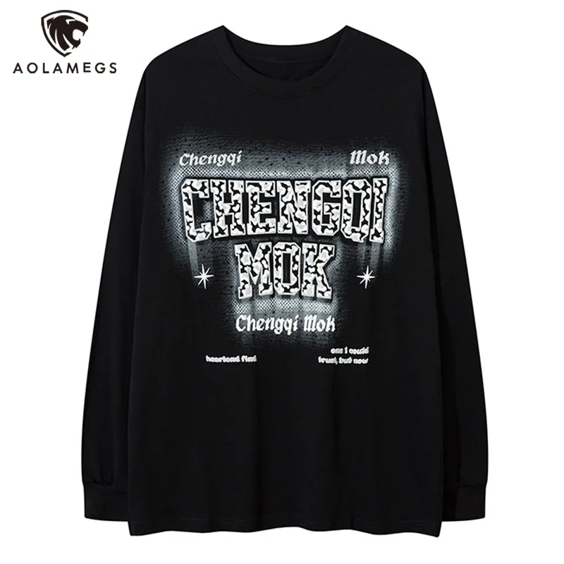 Men Long Sleeve T-shirt Letter Print Hip Hop Streetwear Clothes Casual Loose Tops Autumn Winter All-match Bottoming Shirt Unisex