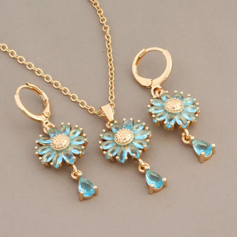 New Luxury Jewelry Sets Of Necklaces And Earrings Gold Color Flower Earrings Pink Natural Zircon Daily High Quality Jewelry Sets