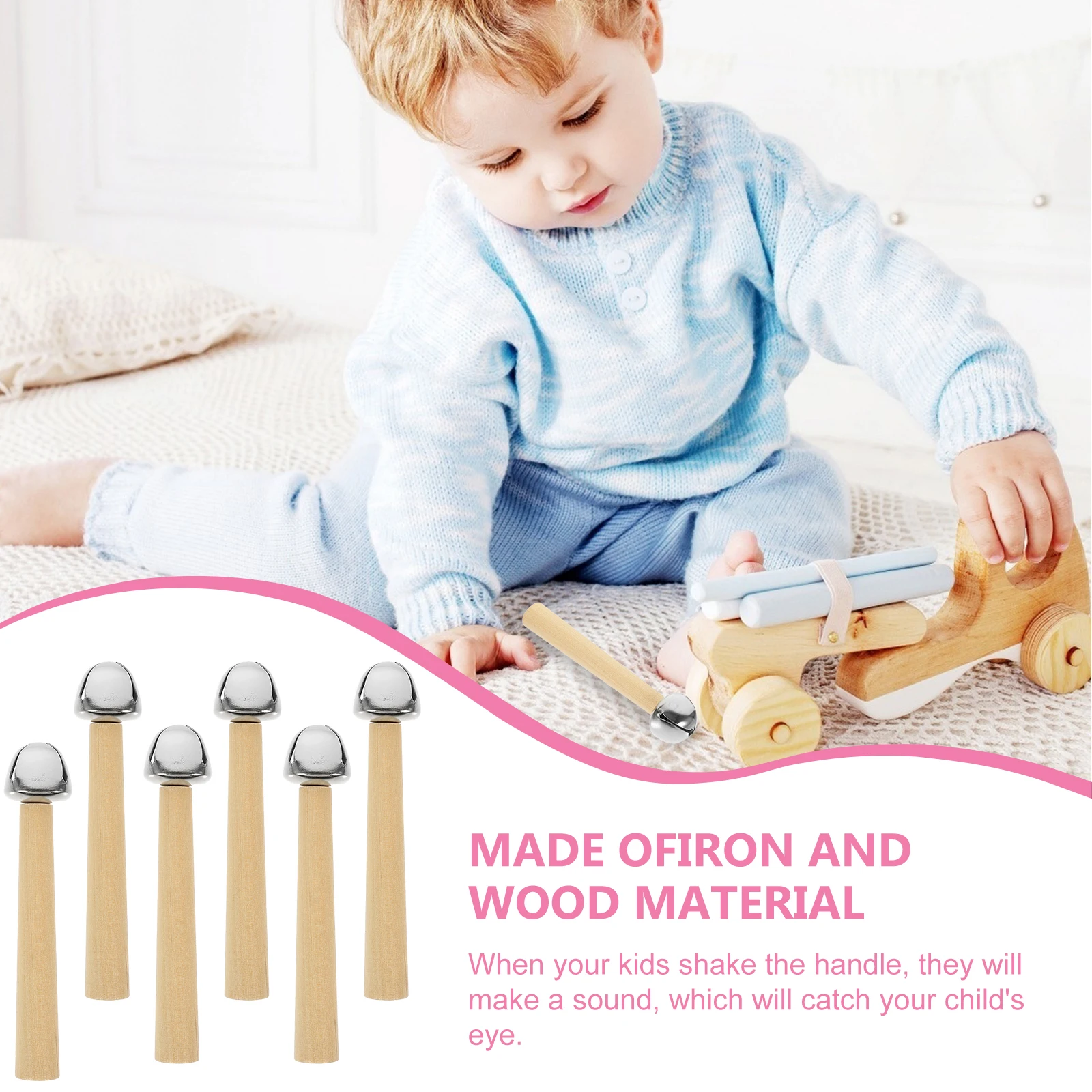 

6pcs Bell Rattles Musical Instruments Birch Wood Iron Toddler Kids Shaker Toys Teaching Aids Eye Coordination Gifts