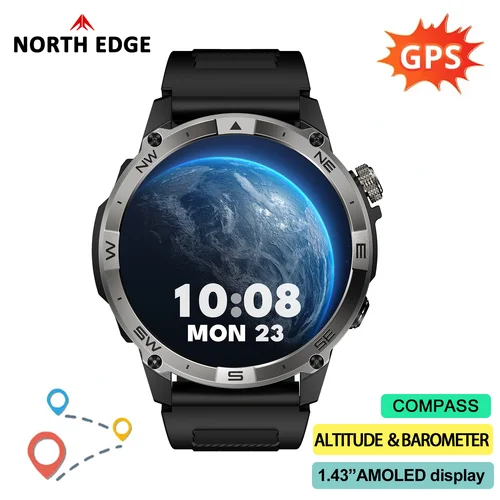 Imagen 2 del producto NORTH EDGE GPS reloj inteligente deportivo 1,43 ''pantalla Amoled AOD reloj para hombre Bluetooth llamada altitud barómetro brújula IP68 impermeable