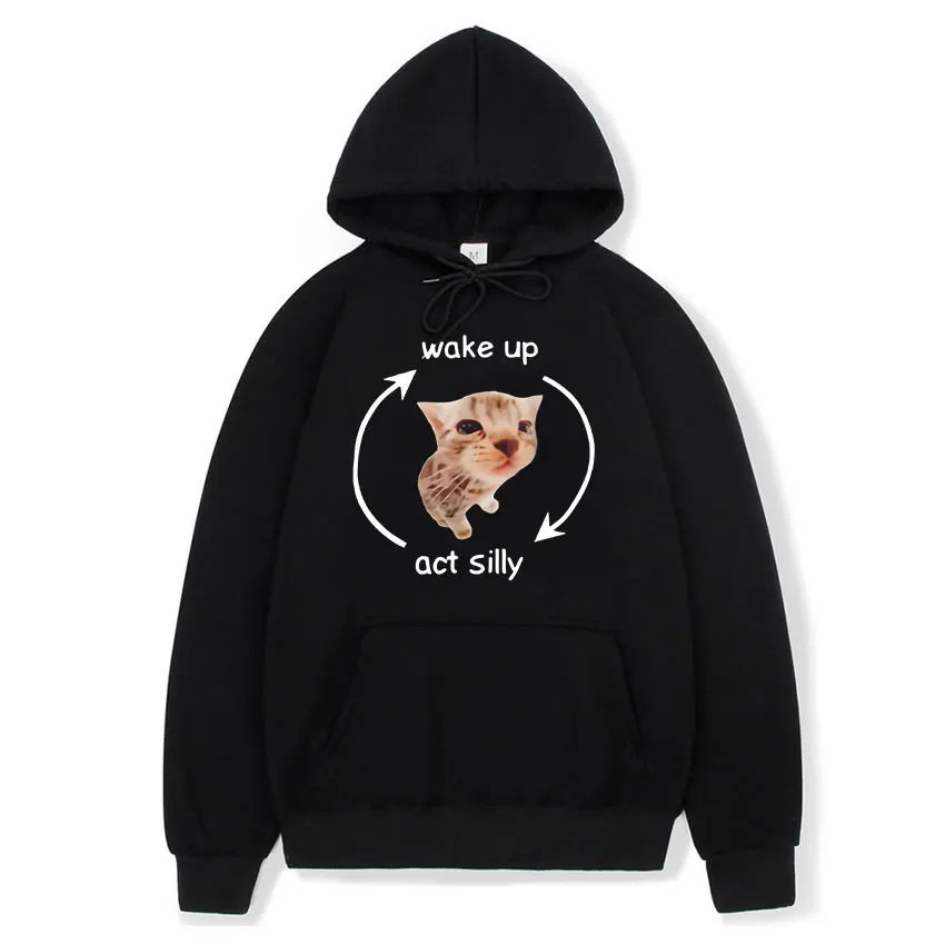 Wake Up Act Silly Cute Funny Cat Print Hoodie Men Women Fashion Casual Pullover Sweatshirts Fleece Long Sleeve Oversized Hoodies