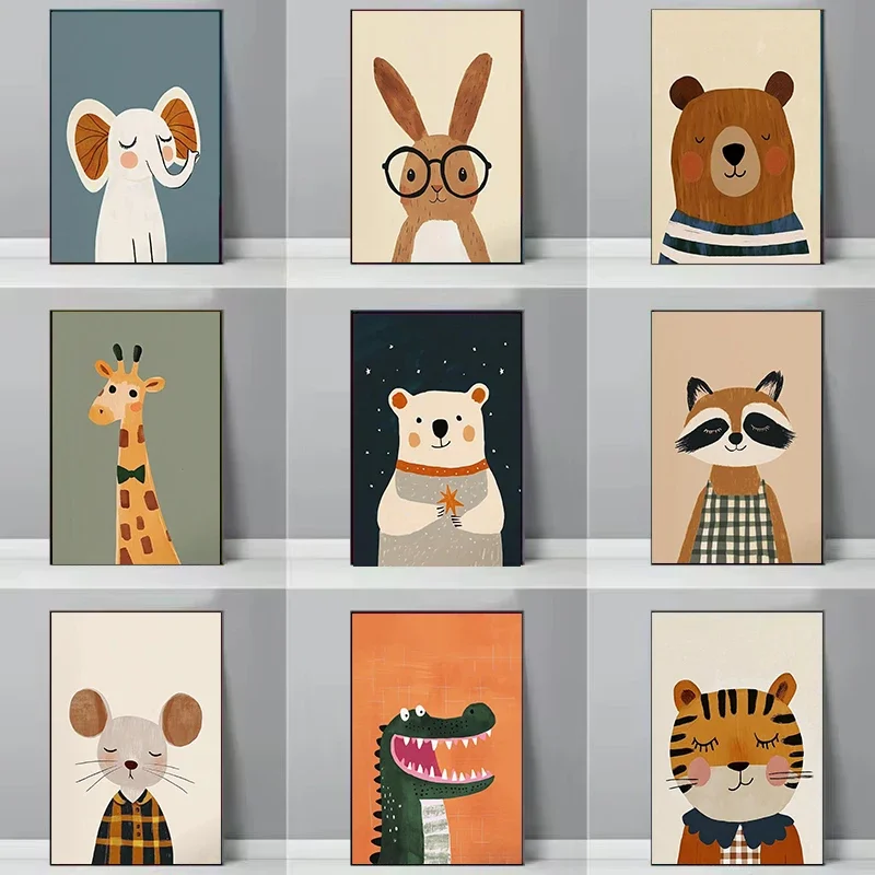 (2D-Leinwandgemälde) Lustige niedliche Cartoon-Tiere, minimalistische nordische Poster, Drucke, Leinwandgemälde, Wandkunst, Bild für Wohnzimmer