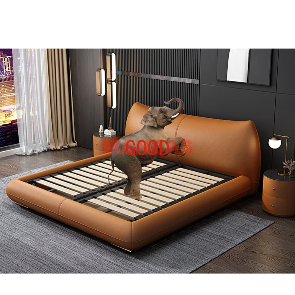 Linlamlim Genuine Leather Bed Double Size Rectangle Bed Frame Nordic King/Queen Size Wedding Lits Designer Upholstered Camas