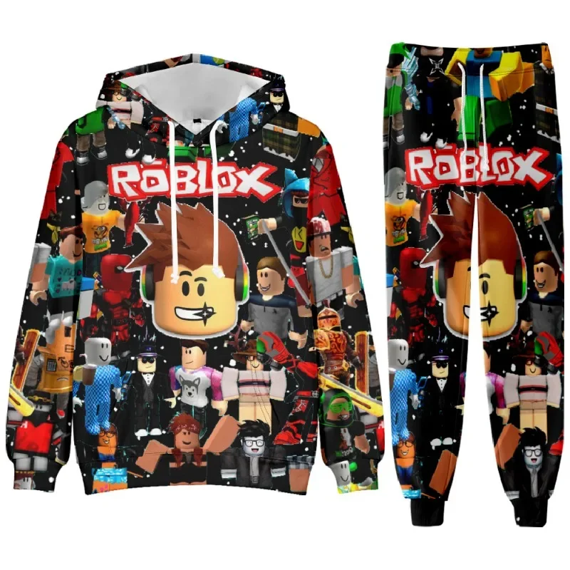 Roblox Game Cartoon Printed Kids felpa con cappuccio felpa pantaloni della tuta Set primavera autunno studente Casual Set ragazzi ragazze regali di