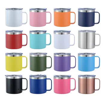 맞춤 이름 14oz 커피 머그잔 핸들 이중 벽 스테인레스 스틸 텀블러 진공 절연 열 맥주 컵 여행 보온병